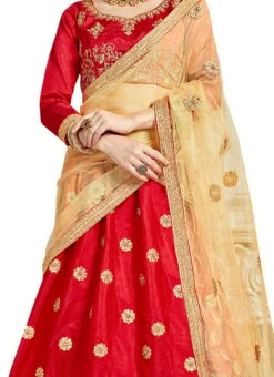 Bright Red Art Silk Embroidered A Line Lehenga Wedding Wear