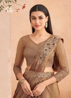 Brown Chinon Silk Embroidered Ready Pleated Saree Party Wear -Deals Chic Lehenga Store brown chinon silk embroidered ready pleated saree saska36367304a b