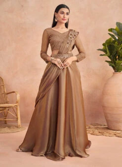 Brown Chinon Silk Embroidered Ready Pleated Saree Party Wear -Deals Chic Lehenga Store brown chinon silk embroidered ready pleated saree saska36367304a u