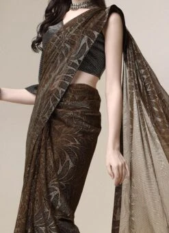 Brown Color Printed Work Lycra Saree Party Wear