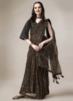 Brown Color Printed Work Lycra Saree Party Wear -Deals Chic Lehenga Store brown color printed work lycra saree sasbhlos0102d u