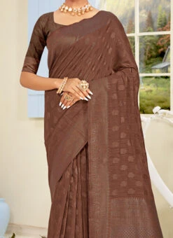 Brown Cotton Silk Weaving Work Saree Festive Wear