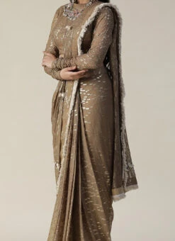 Brown Faux Georgette Hand Work Saree Wedding Wear