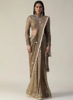 Brown Faux Georgette Hand Work Saree Wedding Wear -Deals Chic Lehenga Store brown faux georgette hand word sari sadsas831 u