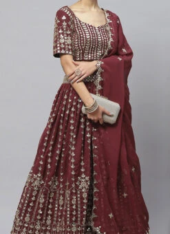 Brown Georgette Embroidered A Line Lehenga Party Wear