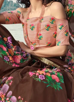 Brown Organza Digital Print Umbrella Lehenga Party Wear
