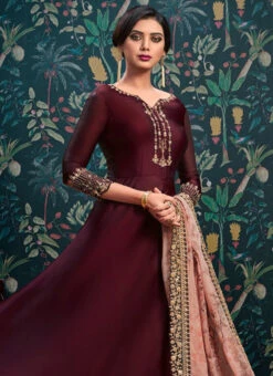 Burgundy Embroidered Abaya Style Anarkali Suit Party Wear -Deals Chic Lehenga Store burgundy embroidered abaya style anarkali suit slscch9110143 b