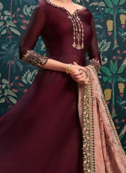 Burgundy Embroidered Abaya Style Anarkali Suit Party Wear