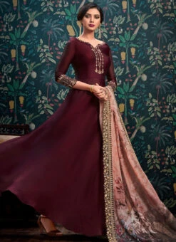 Burgundy Embroidered Abaya Style Anarkali Suit Party Wear -Deals Chic Lehenga Store burgundy embroidered abaya style anarkali suit slscch9110143 u