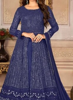 Centre Slit Navy Blue Georgette Sequins Embroidery A Line Lehenga Party Wear