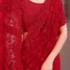 Cherry Red Net Embroidered N Stones Saree Party Wear