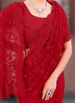 Cherry Red Net Embroidered N Stones Saree Party Wear