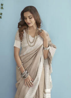 Chikankari Weaved Boder Soft Linen Silk Brown Color Saree Festive Wear -Deals Chic Lehenga Store chikankari weaved boder soft linen silk brown color saree samam1738 b