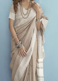 Chikankari Weaved Boder Soft Linen Silk Brown Color Saree Festive Wear