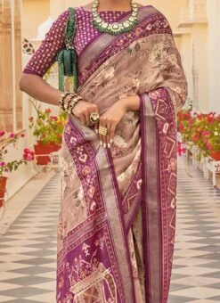 Chiku Beige Color Printed Chiffon Silk Saree Festive Wear