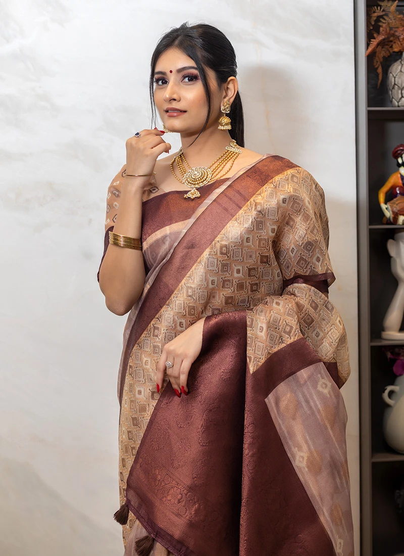 Coffee Brown Color Shinny Silk Printed Saree Party Wear 4 Coffee Brown Color Shinny Silk Printed Saree Party Wear - Image 4