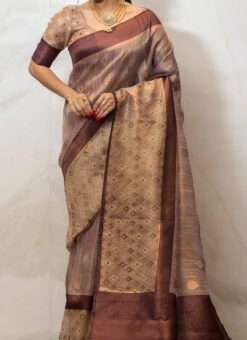 Coffee Brown Color Shinny Silk Printed Saree Party Wear
