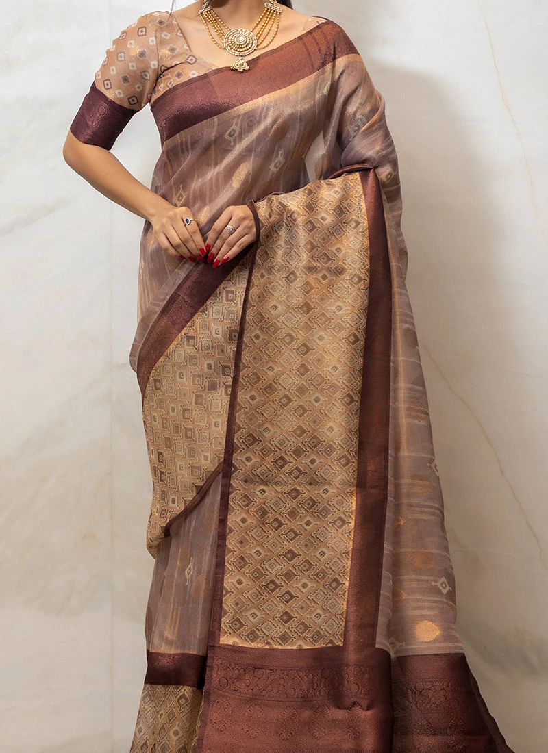 Coffee Brown Color Shinny Silk Printed Saree Party Wear 1 Coffee Brown Color Shinny Silk Printed Saree Party Wear