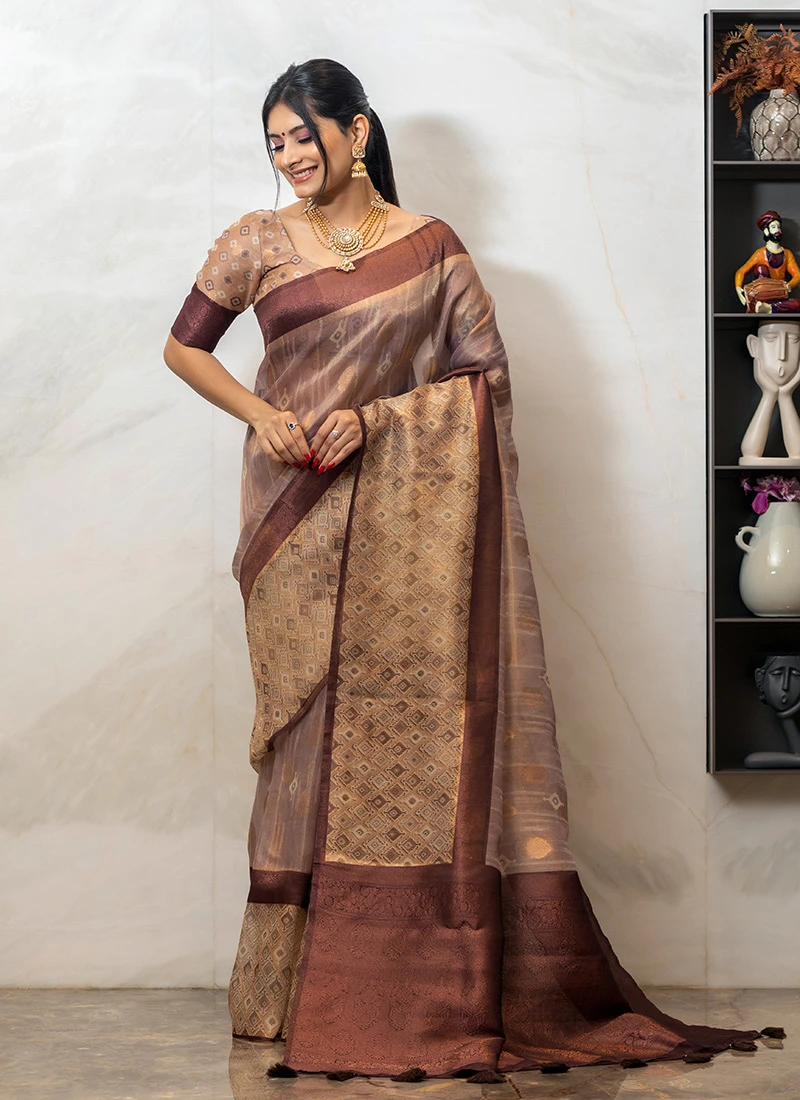 Coffee Brown Color Shinny Silk Printed Saree Party Wear 3 Coffee Brown Color Shinny Silk Printed Saree Party Wear - Image 3