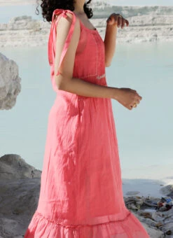 Coral Pink Embroidery Silk Dress Party Wear