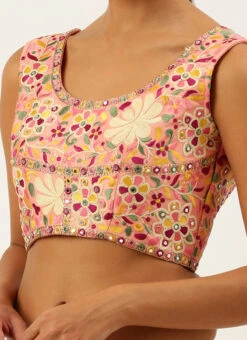 Coral Pink Silk Embroidered Work Blouse Party Wear