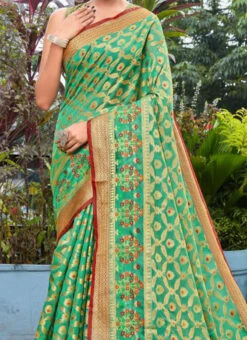 Cotton Silk Green Color Weaving Saree Festive Wear