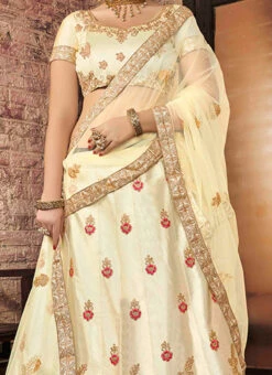 Cream Art Silk Embroidered A Line Lehenga Wedding Wear