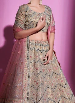 Cream Beige Art Silk Thread N Sequins Umbrella Lehenga Wedding Wear