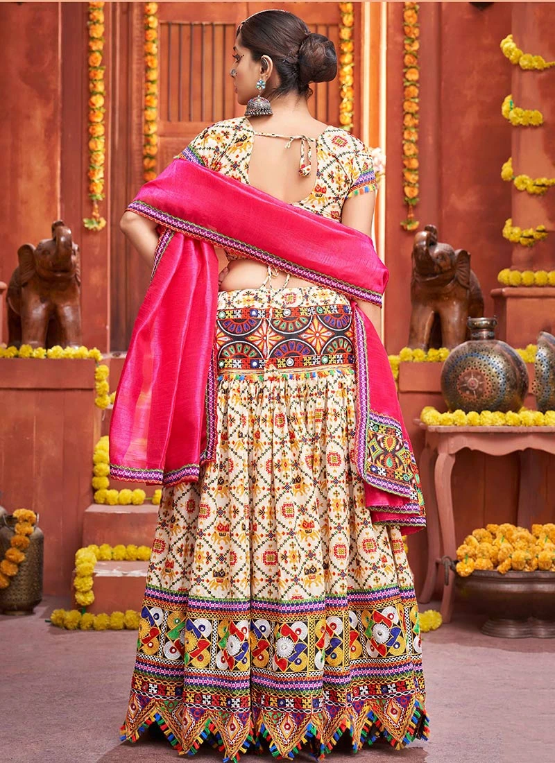 Cream Cotton Embroidery With Mirror Work Chaniya Choli Festive Wear 4 Cream Cotton Embroidery With Mirror Work Chaniya Choli Festive Wear - Image 4