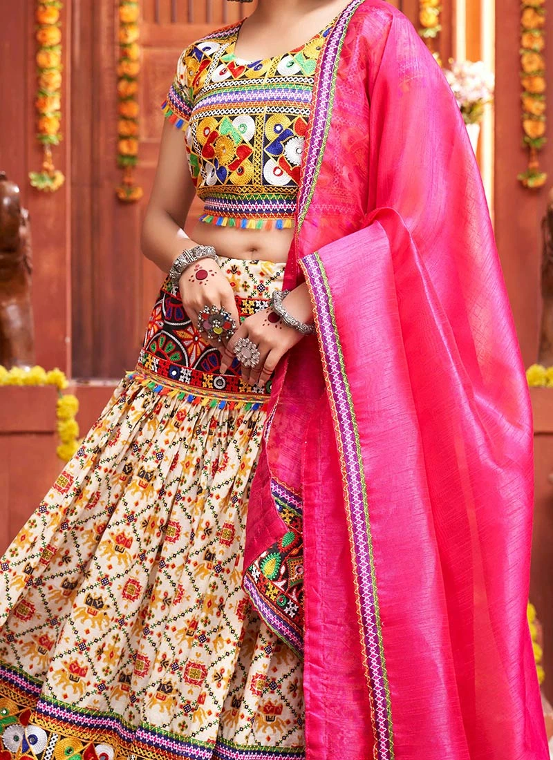 Cream Cotton Embroidery With Mirror Work Chaniya Choli Festive Wear 1 Cream Cotton Embroidery With Mirror Work Chaniya Choli Festive Wear