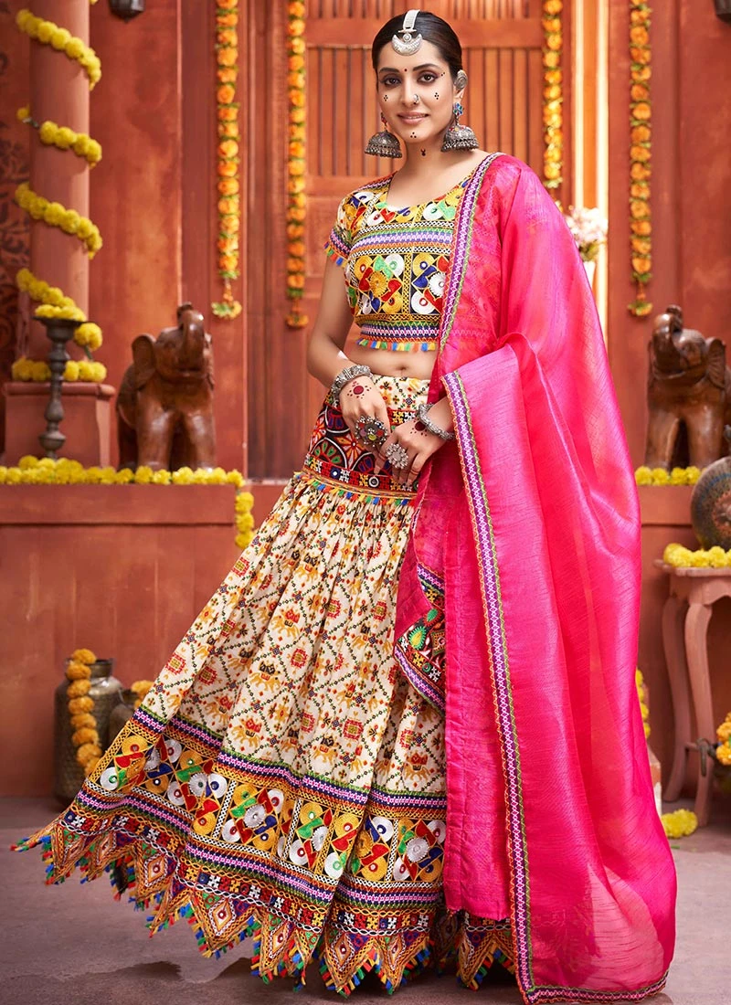 Cream Cotton Embroidery With Mirror Work Chaniya Choli Festive Wear 3 Cream Cotton Embroidery With Mirror Work Chaniya Choli Festive Wear - Image 3