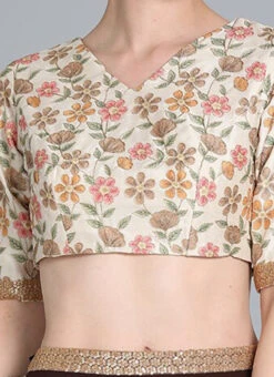 Cream Embroidered V Neck Blouse Festive Wear