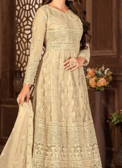 Cream Embroidery Net Anarkali Suit Party Wear