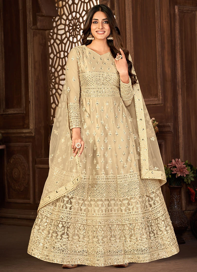Cream Embroidery Net Anarkali Suit Party Wear 3 Cream Embroidery Net Anarkali Suit Party Wear - Image 3