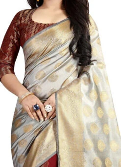 Cream N Maroon Uppada Art Silk Half N Half Saree Festive Wear