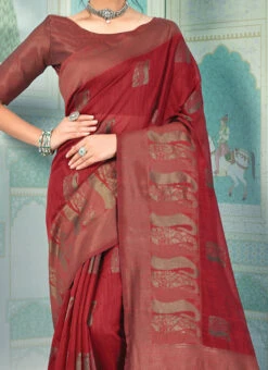 Currant Maroon Linen Woven Zari Work Saree Festive Wear