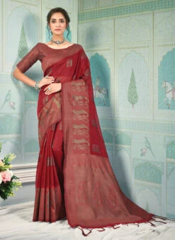 Currant Maroon Linen Woven Zari Work Saree Festive Wear -Deals Chic Lehenga Store currant maroon linen woven zari work saree sassgbom2001 u