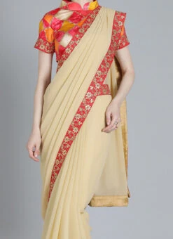 Beige Plain Georgette Border Saree Festive Wear