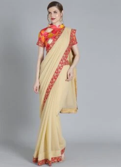 Beige Plain Georgette Border Saree Festive Wear -Deals Chic Lehenga Store customised beige plain georgette border saree SABS01908483 u