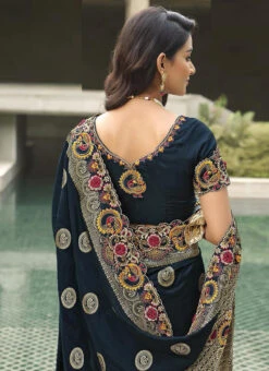 Dark Blue Silk Zari Embroidery Work Saree Party Wear -Deals Chic Lehenga Store dark blue silk zari embroidery work saree samkns102214052 b