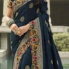 Dark Blue Silk Zari Embroidery Work Saree Party Wear
