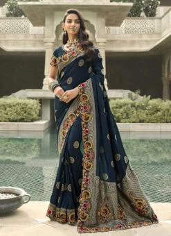 Dark Blue Silk Zari Embroidery Work Saree Party Wear -Deals Chic Lehenga Store dark blue silk zari embroidery work saree samkns102214052 u