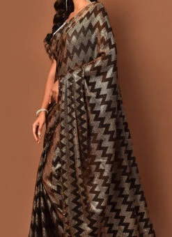 Dark Brown Color Foil Print Work Net Saree Party Wear
