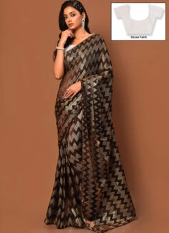 Dark Brown Color Foil Print Work Net Saree Party Wear -Deals Chic Lehenga Store dark brown color foil print work net saree sakvf2004 u