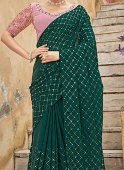 Dark Green Chinon Sequins Embroidered Saree Party Wear