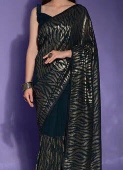 Dark Green Faux Georgette Sequins Saree Party Wear