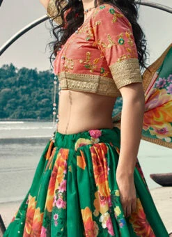 Dark Green Organza Digital Print Umbrella Lehenga Party Wear