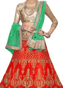Dark Orange Art Silk Embroidered A Line Lehenga Party Wear