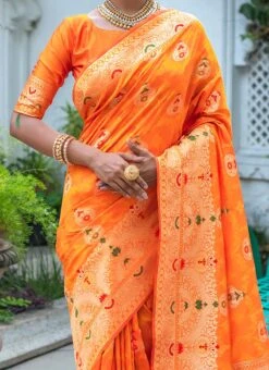Dark Orange Benarasi Silk Jacquard Work Saree Festive Wear