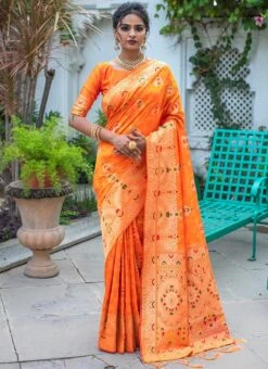 Dark Orange Benarasi Silk Jacquard Work Saree Festive Wear -Deals Chic Lehenga Store dark orange benarasi silk jacquard work saree sasli1497270 u